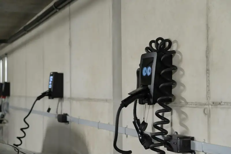 Des bornes de recharge murales alignées dans un parking souterrain.